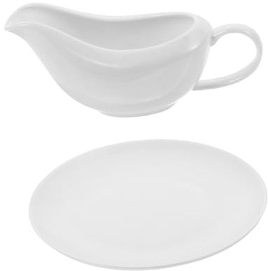 COLLBATH Gravy Sauce Boat and Condiment Tray Set White Ceramic Saucier Jug with Handle for Steak Tomato Sauce and Salad Dressing Includes and Matching Tray