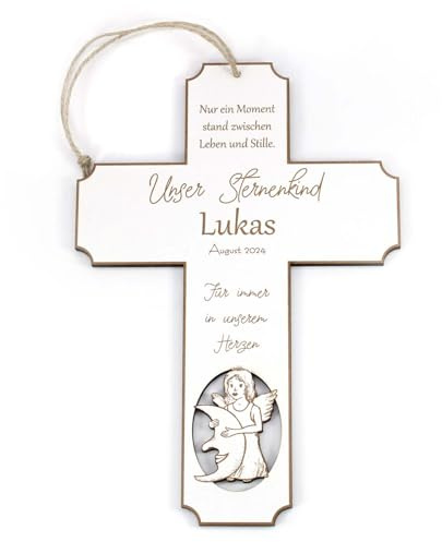 Dekolando Schild Kreuz Sternenkind personalisiert mit Name und Datum - Trauer Andenken mit Spruch Für immer in unserem Herzen - 15 x 22 cm