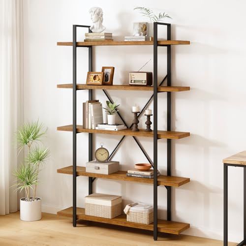 Mudmasa Bücherregal aus Massivholz Standregal mit 5 Ebenen freistehendes Stehendes Regal für Wohnzimmer Arbeitszimmer Schlafzimmer Büro Büchregal Metallrahmen 26 x 120 x 177 cm Abgenutztes Braun