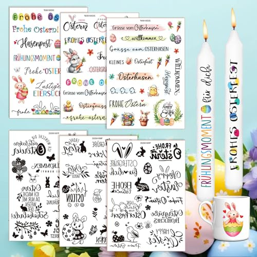 6 Stück Kerzentattoo Ostern (120+ Muster), Osterhase Kerzensticker, Ostern Kerzen Tattoofolie, Lustige Osterhasen Hase, Ostereier, Kerzentattoos Ostern Deko, für Kerzen und Keramik
