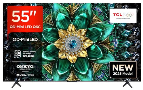 TCL 55Q6C 55 QD-Mini LED SMART TV, 4K HDR Premium 1000nits, con tecnologia Google TV (Dolby Vision IQ e Atmos, sistema audio Onkyo 2.1, Motion Clarity Pro a 144 Hz, Game Master)