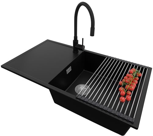PRIMAGRAN Lavandino da Cucina al Mobile 60cm + Rubinetto, 90x50cm | Set: Rubinetto BW6020 + Kit di scarico + Scolapasta avvolgibile + Lavello in Granito a 1 Vasca - Ibiza , Nero