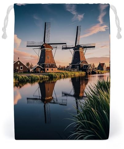 FHESDCW Holländische Windmühlen-Tasche mit Kordelzug, wiederverwendbar, Reise-Schmuckbeutel, waschbare Aufbewahrungsbeutel für Geschenk, Süßigkeiten, Kosmetik, 20 x 25 cm