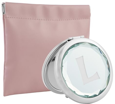 Lvjkes Espejos de Bolsillo Portátiles, Espejo de Doble Cara con función de Aumento, Cristal Centelleante Espejo Redondo Plegable, con Bolsa de Almacenamiento de PU, para Mujeres y niñas (L)