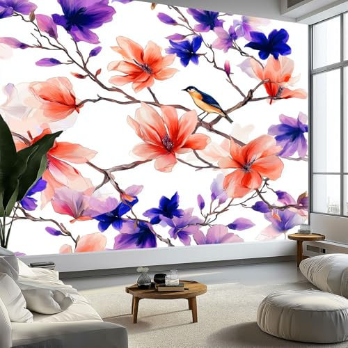 Generico Murales da Parete 3D Acquerello Semplice Arte, Fiori Rami Uccelli Carta da Parati Fotografica di Alta Qualità per Soggiorno e Camere da Letto 250 x 175 cm