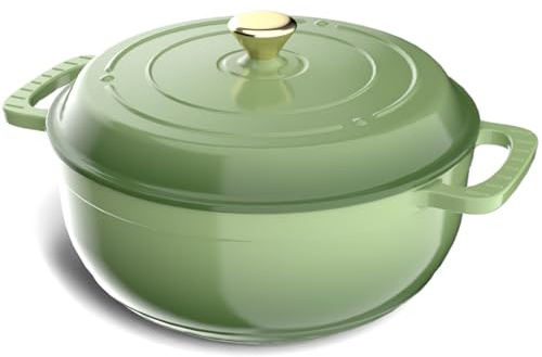 ROVSUN Cocotte ronde en fonte émaillée de 7,5 l avec couvercle et deux poignées avec gants en silicone, passe au four jusqu'à 260 °C, batterie de cuisine pré-assaisonnée très résistante pour la