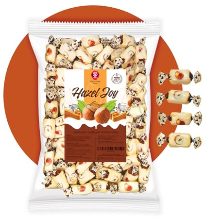 PERE’S CANDY Süßigkeiten Großpackung 1kg - Hazel Joy Toffee - Italienischer Haselnuss Toffee – Weich & Cremig - Premium Süßigkeit - Einzeln Verpackt - Karnevals Wurfmaterial