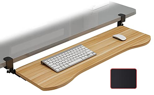 Plateau de clavier ergonomique extra large réglable sous le bureau, finition noyer, support de serrage en C, 52/65/75 cm, parfait pour la maison, le bureau, le confort et la productivité