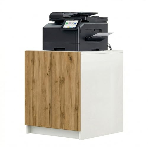 InnoFurn Druckerschrank Elona, Druckerkommode mit Soft-Close & Push-to-Open, Druckertisch, Büromöbel, Home Office & Büro, Weiß/Eiche Evoke (51 x 60,5 x 54 cm)