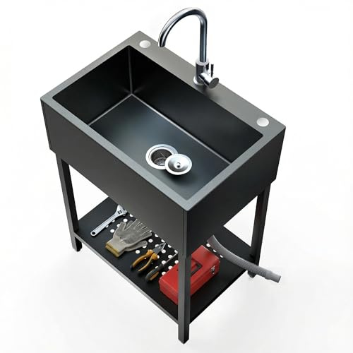 Freestanding Black Utility Sink for Garage, Heavy-Duty Stainless Steel Work Sinks, Deep Basin for Workshop, Laundry Room, Shop, Man Cave