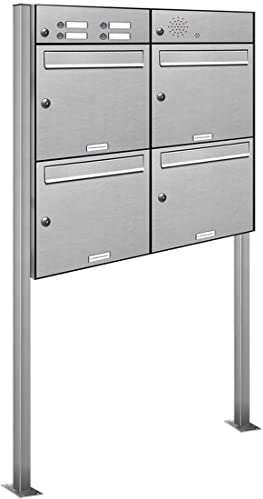 AL Briefkastensysteme 4er V2A Edelstahl Standbriefkasten mit Klingel rostfrei als 4 Fach Briefkastenanlage in Postkasten Briefkasten Design modern