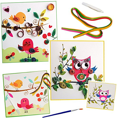 alles-meine.de GmbH 2 TLG. Set Bastelset - Quilling/Bild - lustige Eule & Vögel - Quillingset - Papierstreifen/Bilder - für Kinder/Mädchen & Jungen - Werkzeug & Schab..