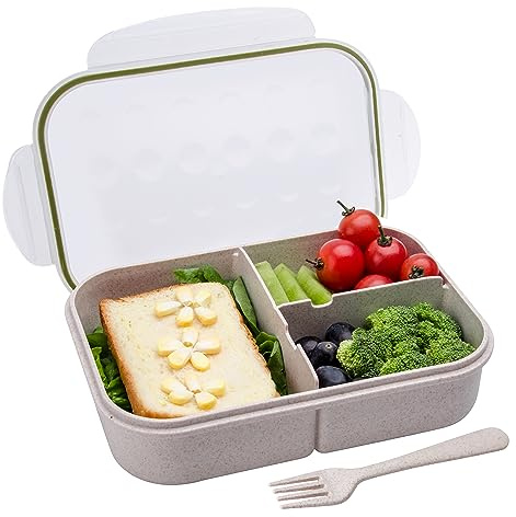 Itopor Wheat Straw Lunch Box, Leakproof 3-Compartment Bento Box for Kids & Adults, BPA-Free, Microwave & Dishwasher Safe, 5.5 Cup (White)