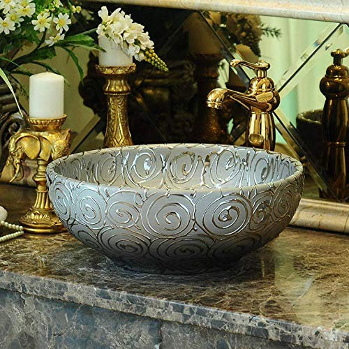 Wieoc Lavabo da Appoggio Lavabo Moderno Lavabo in Porcellana Argentata Lavabo da appoggio Fatto a Mano in Ceramica Lavabo da appoggio Rotondo