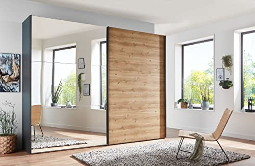 WIEMANN Korfu Kleiderschrank, Schwebetürenschrank, Schlafzimmerschrank, mit Schiebetüren, Breite 300 cm, mit Spiegel links, Bianco Eiche, graphit, Holz, grau, schwarz, B/H/T 300x236x67 cm