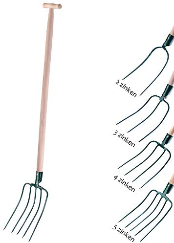 KADAX Heugabel, Forke, Spatengabel, Grabegabel, Mistgabel, Gabel für Garten, Drahtgabel mit Holzstiel, Gartengabel aus hochwertigem Stahl, Dunggabel, Gartenforke (5 Zinken, T-Griff)