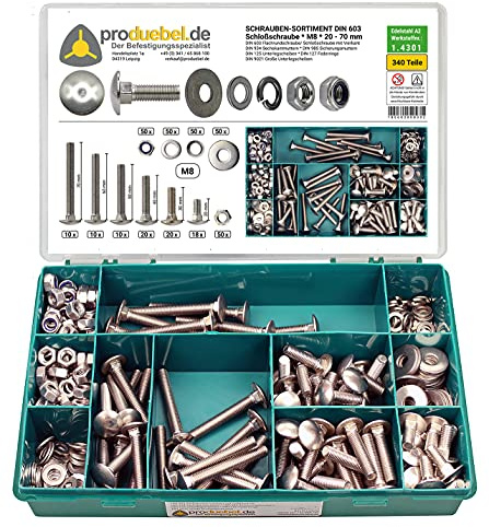 DIN 603 Flachrundschrauben-Sortiment Edelstahl A2 V2A inkl. Muttern + Scheiben + Ringe (M8 340 Teile)