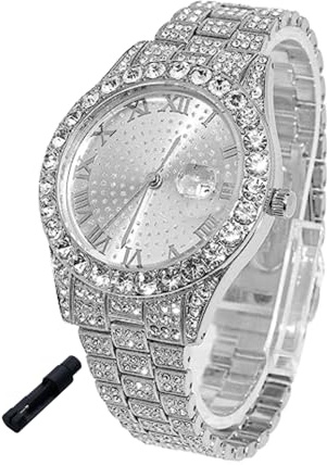 Halukakah Diamantuhr Iced Out für Jungen Teenager – 18K Echtgold/Platin Plattiert, 42mm Rundes Zifferblatt, 20cm Länge, Optional mit Cuban-Ketten & Justierwerkzeug – Goldfolien-Geschenkbox