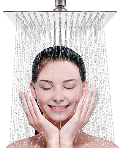 LIVOREST Square Rainfall Shower Head - 8 inch Large, Overhead Fixed Rain Showerhead with Angle Adjustment - Stainless Steel 304 with Chrome Finish - Standard Fitting, Easy Replacement