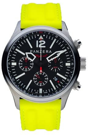Panzera Flieger 46 Chronograph Quarz Stahl Schwarz Silikon Gelb Pilot Rot Datum Herren Uhr