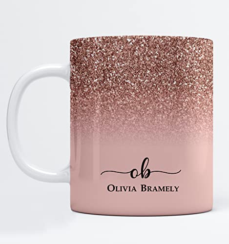 EKAM Personalised Marble Mug Initial with Name - Customised Gift for Mum, Dad, Kids or Girls - Tea Coffee Mug (11oz) (Rose Gold Sparkle)