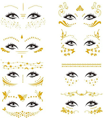 8 blätter Metallic Tätowierung Temporäre Tattoos Wasserdichte Metallic Flash Tattoos für Augen Gesicht Karneval Fasching Party Shows Make-up