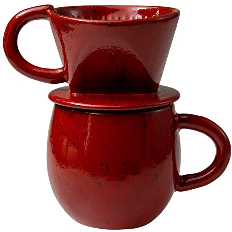Asayu Japan Keramik Kaffeeaufguss-Set in Chrom Rot mit Papierfilterhalterung und Dripper mit 3 Löchern für Kaffee und Tee (Komplettes 2-teiliges Set)