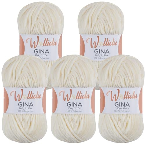 Wollidu Gina Chenille Wolle/Chenillegarn 5 × 100 g Set – 100% Polyester – je 120 m – Garnstärke 5 mm – zum Stricken & Häkeln – samtig-weiches Plüschgarn – Farbe Creme 70016