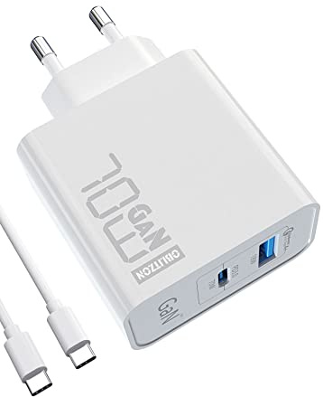 70W USB C Ladegerät, Type C PD GaN Netzteil mit 100W Schnellladekabel 2-Port USB C Netzteil (Funktioniert mit 65W) für MacBook Pro/Air, Dell XPS 15, Huawei, iPhone 14/13, iPad Pro, Galaxy S22, S21