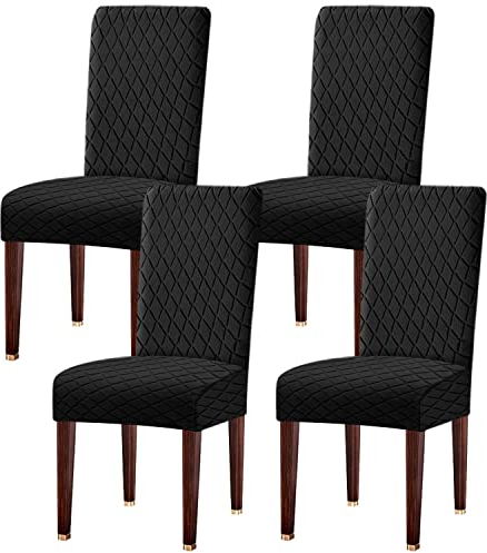 LANSHENG Dining Chair Covers Set of 4, Stretch Dining Chair Protector Slipcovers Jacquard, Elastic Removable Washable Chair Seat Cover for Dining Room Kitchen Banquet Restaurant Home, Black
