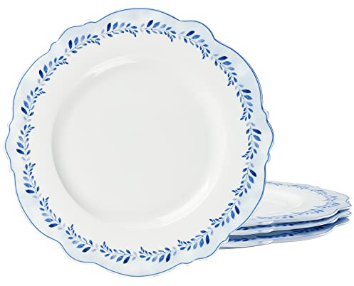 fanquare 4 Teilig Speiseteller Porzellan, Flachteller Blaue Blätter Muster, Geschirr Tellerset Ø 27 cm Frühstückteller Essteller Service