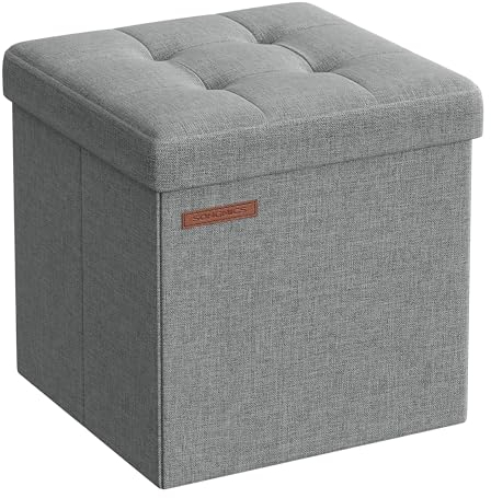 SONGMICS Sitzhocker mit Stauraum, kleine klappbare Sitzbank, 30 x 30 cm Fußbank, Aufbewahrungsbox, bis 130 kg belastbar, für Wohnzimmer Schlafzimmer Schlafsaal, hellgrau LSF028G02