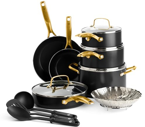 Blue Diamond Gold 14 Piece Cookware Pots and Pans Set, Induction Suitable, Diamond Infused PFOA & PFAS-Free Ceramic Nonstick, Durable Metal Utensil Safe, Dishwasher Safe, Gold Handle, Black