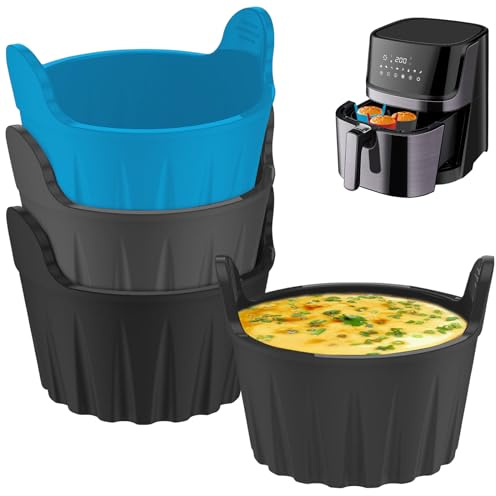Boloshine 3Pcs Air Fryer Egg Poacher, Silicone Ramekins for Air Fryer, Food Grade Poached Egg Moulds, Reusable Easy Release Baking Cups for Souffle Dishes Muffin Cupcakes Custard (Black Grey Blue)