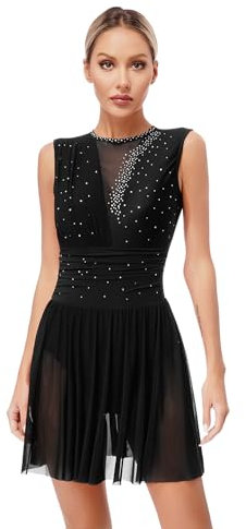 TiaoBug Damen Eiskunstlauf Kleid Rollschuhkleid Ärmellos Tanzkleid mit Farbblock Kürkleid Luftig Rock mit Schlitz Tanzbekleidung Schwarz B M