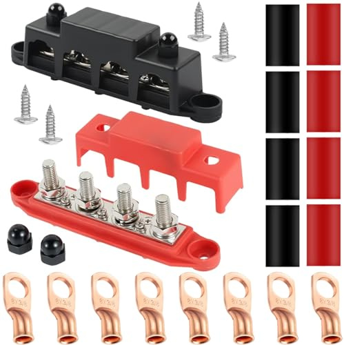 DAOKAI Bus Bar 12 V Power Distribution Block, M8 Terminal Studs Junction Block,Red & Black Marine Busbar High Performance Module with Cover for Cars RVs Ships(2Pcs)