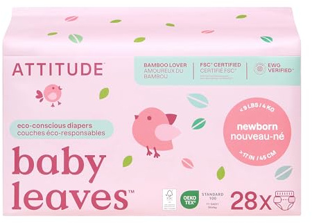 Attitude Eco-Conscious Disposable Diapers, EWG Verified, Size 1/Newborn (< 9 lbs), Ultra Absorbent for Baby, Vegan & Plant-Based, 28 Count