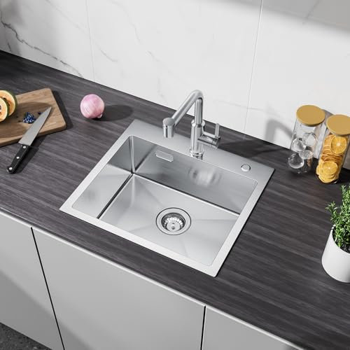 CECIPA 50x45cm Spüle Edelstahl mit Hahnloch, Spülbecken Edelstahl Eckig inkl Siphon & Über, Küchenspüle für Arbeitsplatten ab 50cm