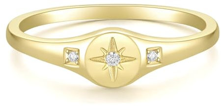 Titaniumcentral Siegelring Damen Herren 14K Vergoldet Nordstern Zirkonia Ring Vorsteckring Verlobungsringe(49 (15.6))