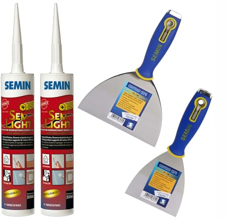 Semin - Enduit de Rebouchage Allégé - Sem-Light - Trous et Fissures Importants - Intérieur - Cartouche 310 ml (Lot de 2), Couteau à Enduire Multifonctions CE 78, 10 cm et 15 cm