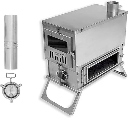 Wood Stove,Lightweight camping stove, Tent Stove Backpacking with Chimney Pipes, Folding Wood Burning Stove with Large Side Glass, for Outdoor (Color : Single Glass, Size : 3M chimney pipe)