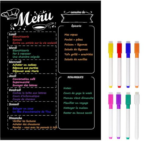 MoKo Français Tableau Magnetique Frigo, A3 Planning Frigo Magnetique pour Réfrigérateur avec 8 Craies Liquides Colorées, 40 cm x 30 cm Planifier Les Repas Familiaux, Listes De Courses - Noir