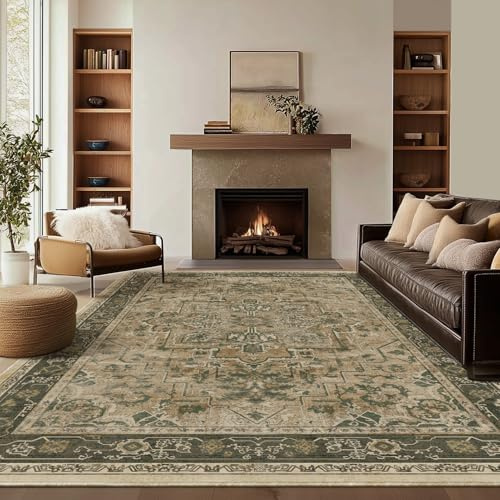 Jainmy Large Vintage Area Rugs 9x12 for Living Room, Distressed Medallion Printed Big Carpet Rugs for Bedroom, Washable Non Slip Low Pile Thin Rugs for Dining Room, Multi Brown/Olive Green
