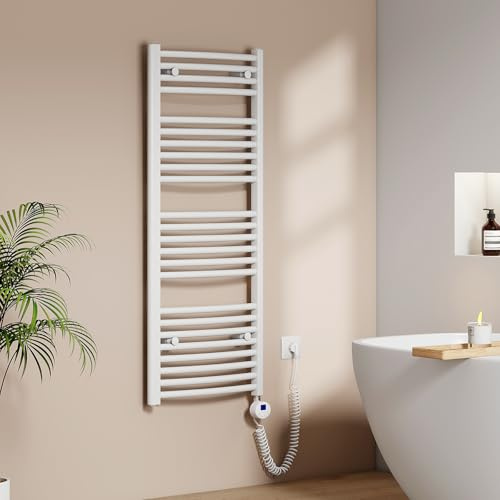EMKE Scaldasalviette Elettrico per Bagno 120 x 50 cm, Bianco, 500 Watt | Radiatore Curvato con WIFI Termostato, Scaldasalviette Elettrico, Supporto Porta-Asciugamani