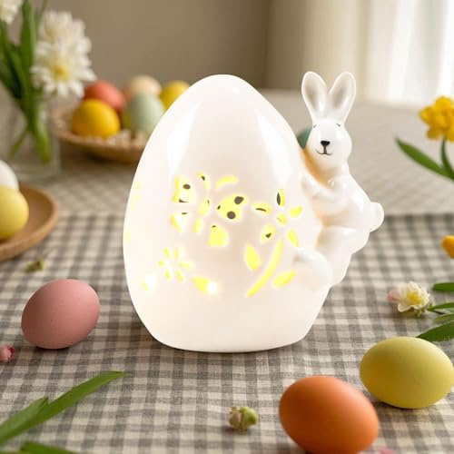 Osterdeko Ostereier mit LED Licht, Frühlingsdeko Nachtlicht Eier aus Keramik, Hohl Ostern Deko Blumen Hase Eier Beleuchtung Lichter Batteriebetrieben Nachttischlampe für Osterdeko Innen Tischdeko (B)