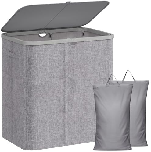 Lifewit 2 Fächer Wäschekorb mit Deckel, 140L Wäschesammler mit Kunststoffrahmen, faltbarer großer Wäschesortierer, Wäschebox Laundry Baskets für Schlafzimmer, Bad, Hellgrau | Großer faltbarer Wäschesortierer mit herausnehmbarem Wäschesack und Tragegriffen für Schlafzimmer, Bad und Waschküche