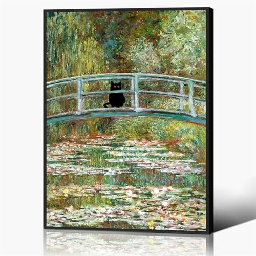 GAINOW Vintage Monet Seerosen-Katze-Leinwandkunst, berühmte Ölgemälde Monet schwarze Katze Poster, lustiger Blumendruck, ästhetische Raumdekoration für Schlafzimmer, Badezimmer 30x40cm gerahmt