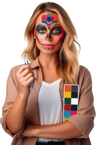FIESTAS GUIRCA | Bunte Make-up Palette mit 12 Farben - fürs Gesicht und Körper - für Clown Kostüme für Halloween, Karneval, Fasching - Bunt