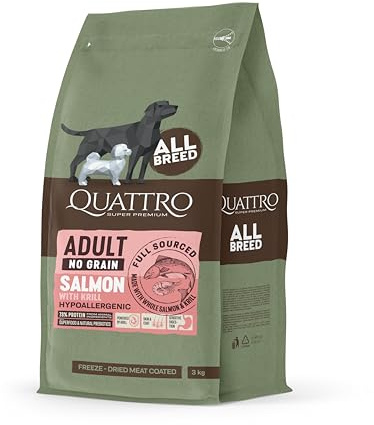 Quattro Premium Lachs & Krill Hundetrockenfutter, Getreidefrei, Hypoallergen, Für alle Rassen (3 kg)