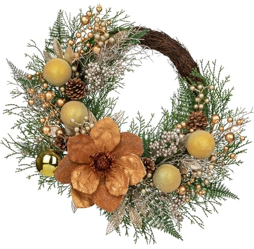 Briful 24 Christmas Wreath for Front Door - Handmade Artificial Door Wreath with Copper Gold Magnolia Flower, Glitter Xmas Baubles & Fir Branches for Thanksgiving Holiday Christmas Decorations